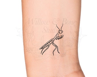 Praying Mantis Outline Insect Temporary Tattoo - Single Line Minimalist Mantis Bug Tattoo