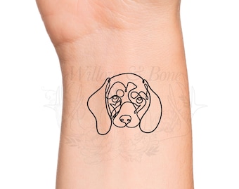 Beagle Dog Love Puppy Eyes Continuous Line Temporary Tattoo - Pet Memorial Puppy Face Family Love Dog Breed Outline Wrist Tattoo