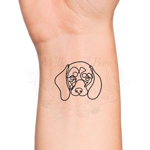 Beagle Dog Love Puppy Eyes Continuous Line Temporary Tattoo - Pet Memorial Puppy Face Family Love Dog Breed Outline - Add Custom Text Tattoo
