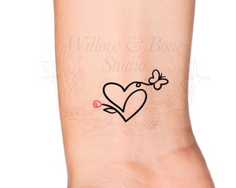 Heart Wildflower Butterfly Continuous Line Minimalist Love Temporary Tattoo - Floral Heart Small Wrist Tattoo