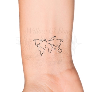 World Map Traveling Heart Love Outline Temporary Tattoo - Flying Airplane World Globe Transportation Wrist Tattoo - Continuous Line Tattoo