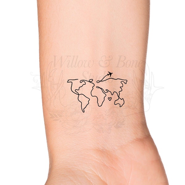 World Map Traveling Heart Love Outline Temporary Tattoo - Flying Airplane World Globe Transportation Wrist Tattoo - Continuous Line Tattoo