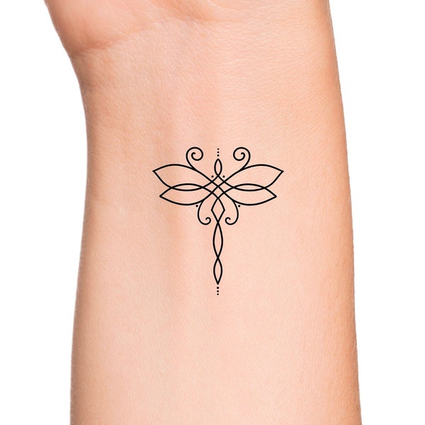 Lotus Geometric Swirls Dragonfly Outline Temporary Tattoo - Small Insect and Bug Tattoo