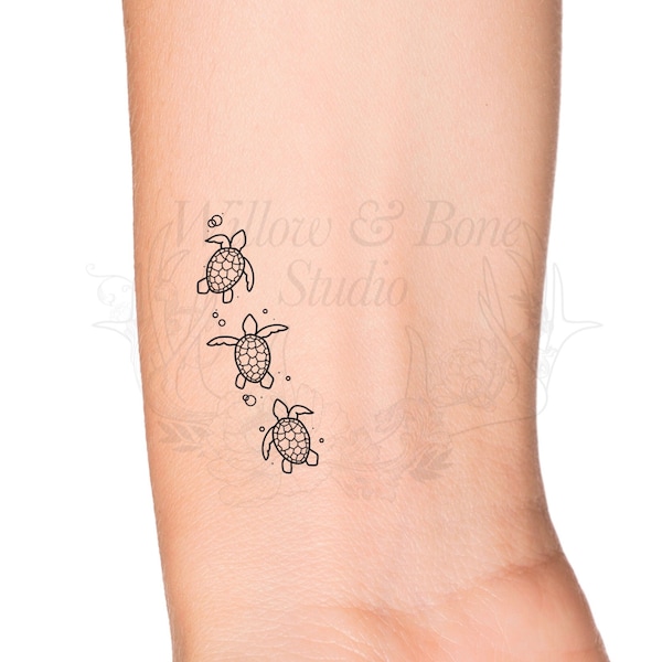 Cute Sea Turtles with Bubbles Under the Sea Animal Temporary Tattoo - Ocean Beach Vacation Tattoo