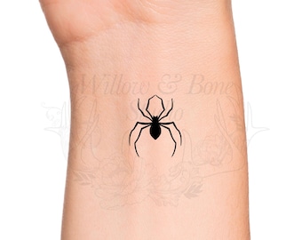 Black Spider Small Temporary Tattoo - Halloween Creepy Cute Little Spider Wrist Tattoo - Insect Spiderweb Arachnid Tattoo