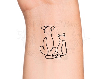 Dog and Cat Pet Love Heart Outline Temporary Tattoo - Minimalist Continuous Line Pet Memorial Family Cute Small Wrist Tattoo