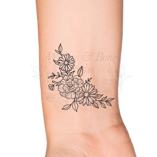 Oeillet et marguerite Floral tatouage temporaire - féminin janvier naissance mois fleur Bouquet - avril naissance fleur mois Arrangement tatouage