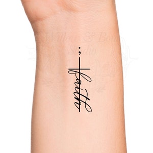 Cursive Faith Cross Semicolon Minimalist Temporary Tattoo - Religious Small Cross God for Women Wrist Tattoo