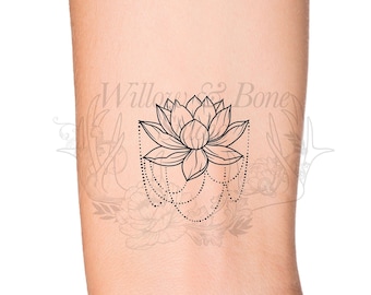 July Birth Month Flower: Water Lily Temporary Tattoo - Birth Flower Outline Tattoo - Feminine Women Wildflower Drippy Floral Tattoo