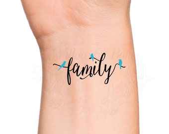 Family Birds Calligraphy Word Temporary Tattoo - Family Love Blue Birds Lettering Wrist Tattoo