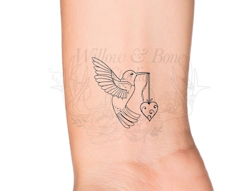 Hummingbird Heart Swirls Temporary Tattoo - Small Love Bird Outline Tattoo