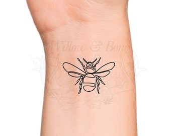 BumbleBee Continuous Line Outline Temporary Tattoo - Minimalist Bumble Bee Honey Bee Insect Wrist Tattoo