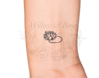 July Birth Month Flower: Water Lily and Lily Pad Temporary Tattoo - Birth Flower Outline Tattoo - Feminine Women Wildflower Floral Tattoo