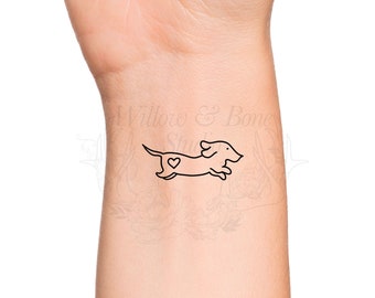 Running Dachshund Dog Heart Outline Temporary Tattoo - Cute Puppy Love Paw Print Heart Pet Memorial Wrist Tattoo