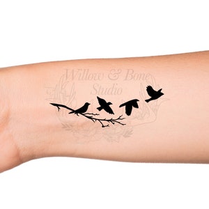 Silhouette Birds on Branch Temporary Tattoo - Flying Black Birds Family Love Tattoo - Motherhood Children Small Animal Tattoo