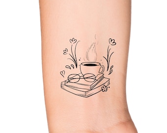 Stack of Books Glasses and Coffee Cup Wildflowers Temporary Tattoo - Floral Book Addict Tea Cup Bookish Fantasy Wrist Tattoo