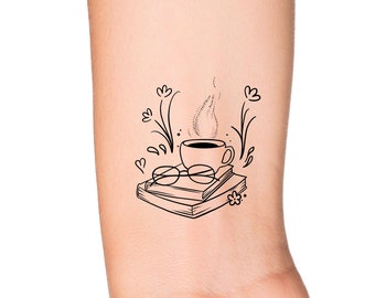 Stack of Books Glasses and Coffee Cup Wildflowers Temporary Tattoo - Floral Book Addict Tea Cup Bookish Fantasy Wrist Tattoo