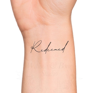 Redeemed Lettering Temporary Tattoo - Handwriting Religious Text Wrist Tattoo
