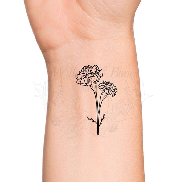 October Birth Month Flower: Marigold Temporary Tattoo - Birth Flower Outline Tattoo - Feminine Women Wildflower Wrist Floral Tattoo