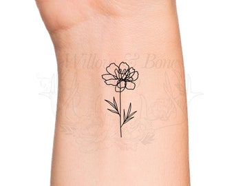 October Birth Month Flower: Marigold Temporary Tattoo - Birth Flower Outline Tattoo - Feminine Women Wildflower Wrist Floral Tattoo