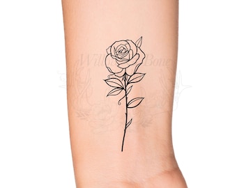 June Birth Month Flower: Rose with Stem Temporary Tattoo - Birth Flower Outline Tattoo - Feminine Women Wildflower Wrist Floral Tattoo