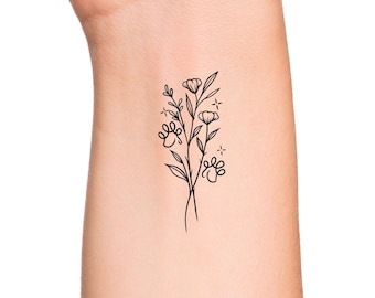 Dog Paw Print Wildflower Feminine Wrist Temporary Tattoo - Magical Delicate Pet Floral Temporary Tattoo