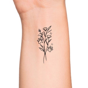 Dog Paw Print Wildflower Feminine Wrist Temporary Tattoo - Magical Delicate Pet Floral Temporary Tattoo