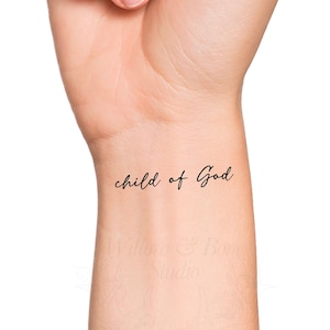 Child of God Cursive Lettering Temporary Tattoo - Religious Calligraphy Faith Christian Feminine Wrist Tattoo