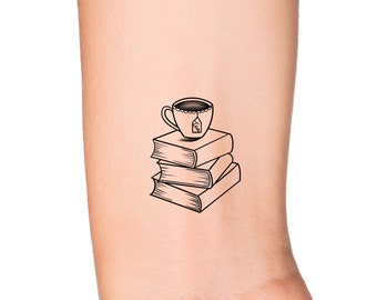 Books and Tea Cup Temporary Tattoo - Stack of Romance and Fantasy Books - Bookish Food and Drink Tattoo