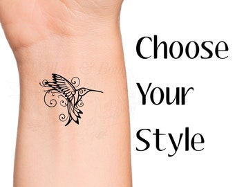 Hummingbird Outline: Choose Your Style Temporary Tattoo - Humming Bird Swirls Cute Bird Animal Love Tattoo
