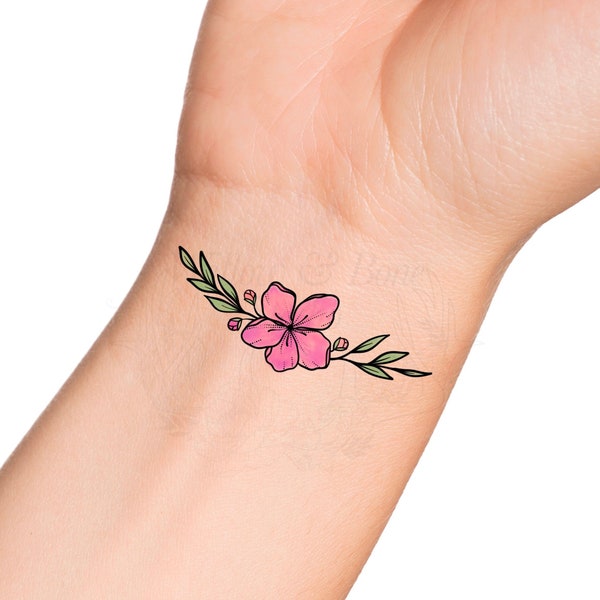 Pink Wildflower Wrist Design Temporary Tattoo - or Black Outline Flower Tattoo - Cute Floral Wrist Tattoo