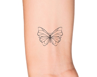 Butterfly Heart Dainty Outline Wrist Temporary Tattoo - Delicate Feminine Insect Sternum Tattoo