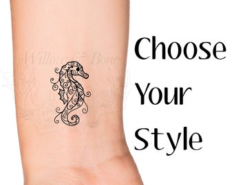 Seahorse Outline: Choose Your Style Temporary Tattoo - Sea Horse Swirls Underwater Animal Fish Small Cute Tattoo