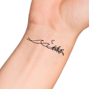 Wildflower Ocean Waves Moon Outline Temporary Tattoo - Floral Beach Waves Love Cute Small Wrist Tattoo