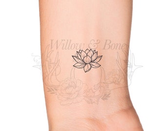 July Birth Month Flower: Water Lily Temporary Tattoo - Birth Flower Outline Tattoo - Feminine Women Wildflower Wrist Floral Tattoo