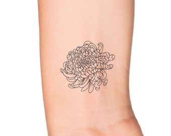 Chrysanthemum Temporary Tattoo: November Birth Flower Outline, Feminine Floral Wrist Art