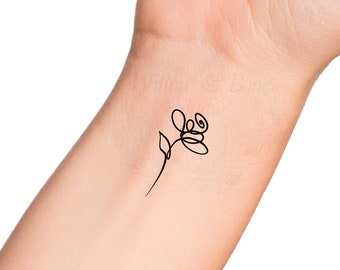 Wildflower Rose Minimalist Continuous Line Outline Wrist Temporary Tattoo