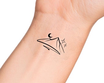Mountain Moon and Stars Minimalist Outline Wrist Tattoo - Night Sky Wrist Tattoo