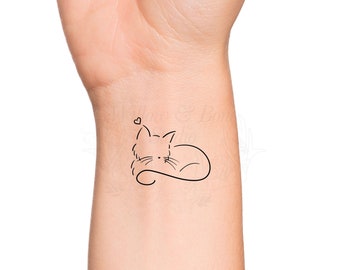 Cuddling Kitten Heart Cat Temporary Tattoo - Small Cat Sleeping Wrist Tattoo