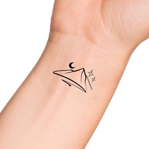 Mountain Moon and Stars Minimalist Outline Wrist Tattoo - Night Sky Wrist Tattoo