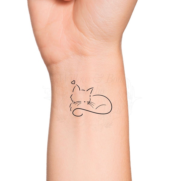 Cuddling Kitten Heart Cat Temporary Tattoo - Small Cat Sleeping Wrist Tattoo