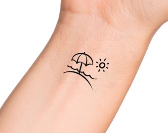 Beach Umbrella Ocean Sun Wave Outline Wrist Temporary Tattoo