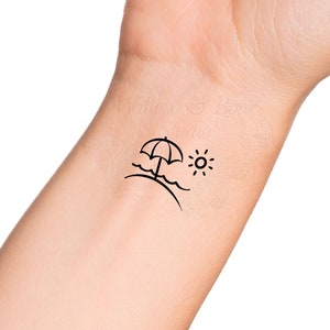 Beach Umbrella Ocean Sun Wave Outline Wrist Temporary Tattoo - Add Your Own Custom Text Words Tattoo