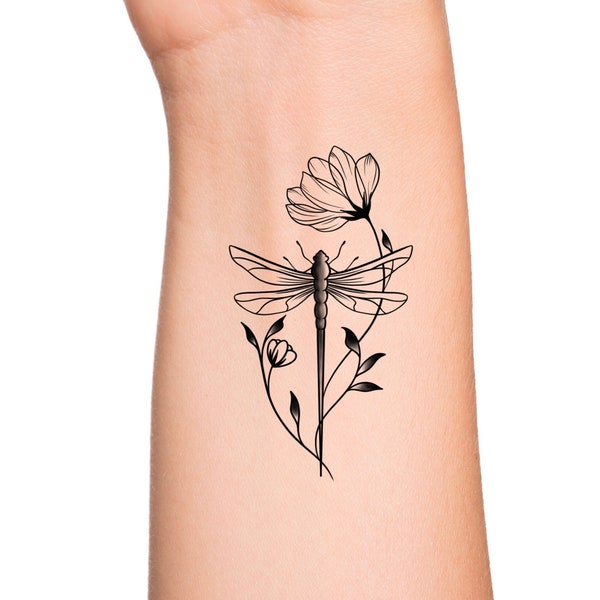 Dragonfly X-Ray Flowers and Leaves Temporary Tattoo - Feminine Insect Wrist Tattoo - Wildflower Dragonfly X-Ray Shaded Floral Tattoo