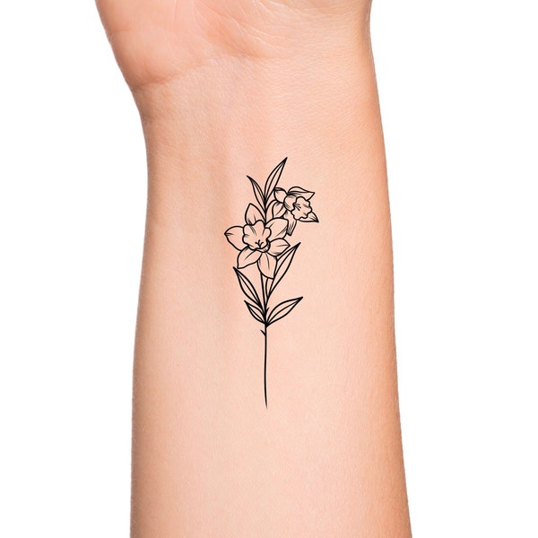 Fleur de mois de naissance de mars : tatouage temporaire de jonquille - tatouage de contour de fleur de naissance - tatouage floral de poignet de fleurs sauvages de femmes féminines