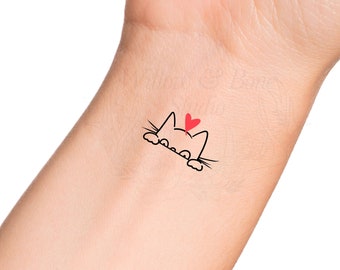 Cat Head Heart Outline Temporary Tattoo - Cute Pet Cat Small Wrist Pet Memorial Tattoo