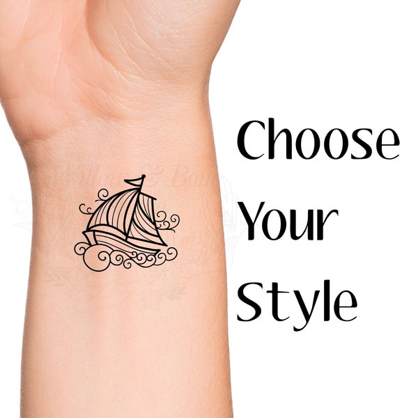 Sailboat Outline: Choose Your Style Temporary Tattoo - Dream Clouds Traveling Ship Swirls Cute Wrist Tattoo