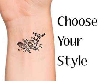 Whale Outline: Choose Your Style Temporary Tattoo - Underwater Sea Fish Animal Swirls Outline Beach Vacation Wrist Tattoo