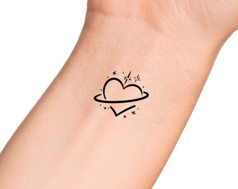 Space Heart Planet Sparkling Temporary Tattoo - Heart Saturn Dainty Wrist Tattoo