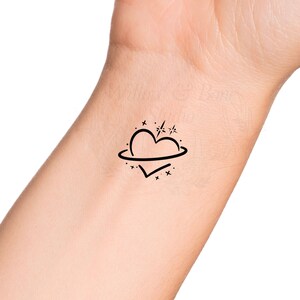 Space Heart Planet Sparkling Temporary Tattoo - Heart Saturn Dainty Wrist Tattoo